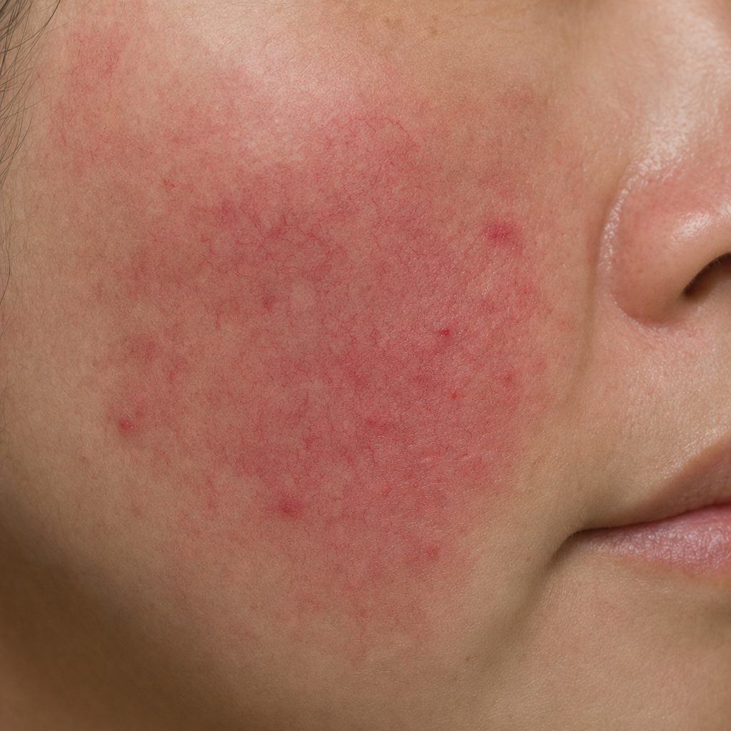 Illustrative photo of a cheek with rosacea showing diffuse redness, visible vessels and small papules
